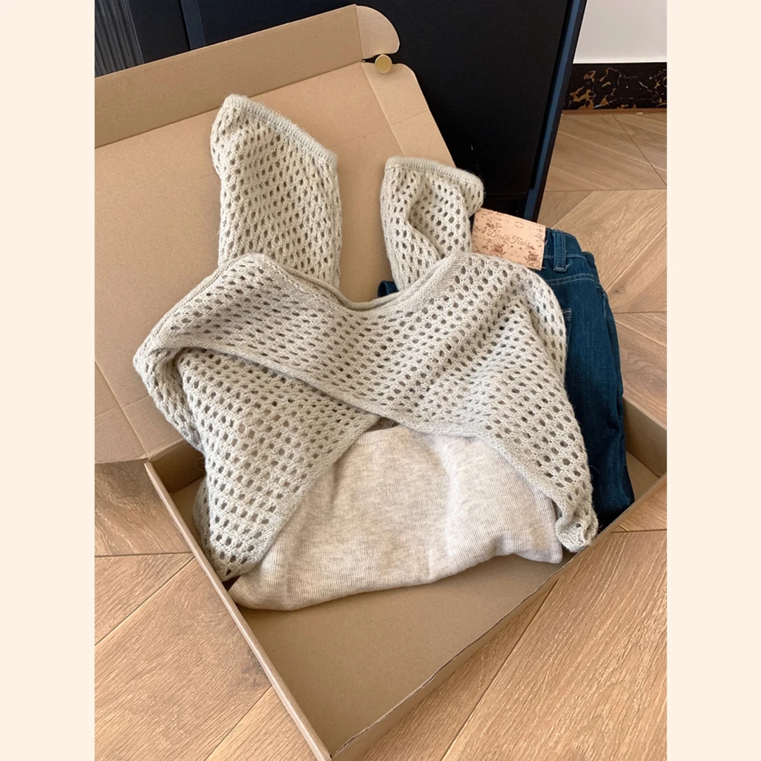 2025秋季新款韩系卡其色叠穿两件套镂空针织衫女巨好看的穿搭上衣