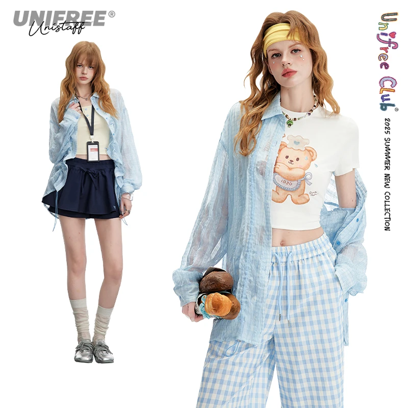 unifree【25年夏】蓝色轻薄长袖衬衫设计感镂空抽绳褶皱宽松衬衣