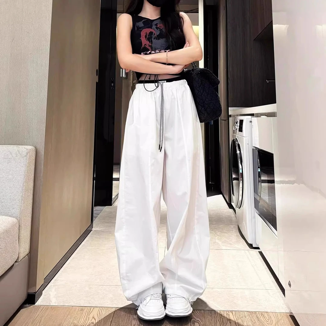 美式防晒速干裤女夏季2025新款撞色高腰休闲宽松慵懒弯刀阔腿裤子