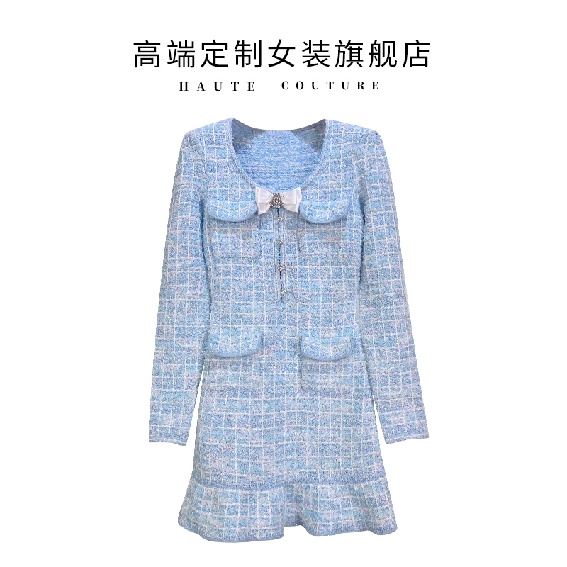 【筱翊定制】2025早春名媛小香气质时尚蓝色格子蝴蝶结装饰连衣裙