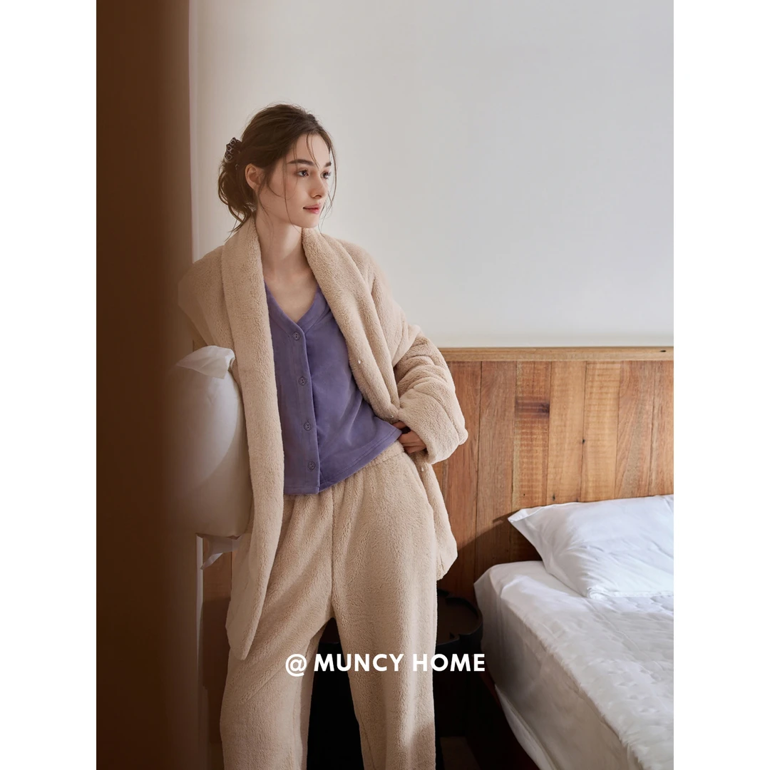 曼系“慵懒绒语”珊瑚绒睡衣女秋冬宽松保暖家居服奶fufu加厚套装