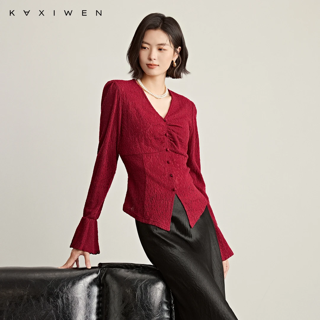 佧茜文V领蕾丝小衫【秋新】优雅简约前襟捏褶收腰上衣女X12AXW1151