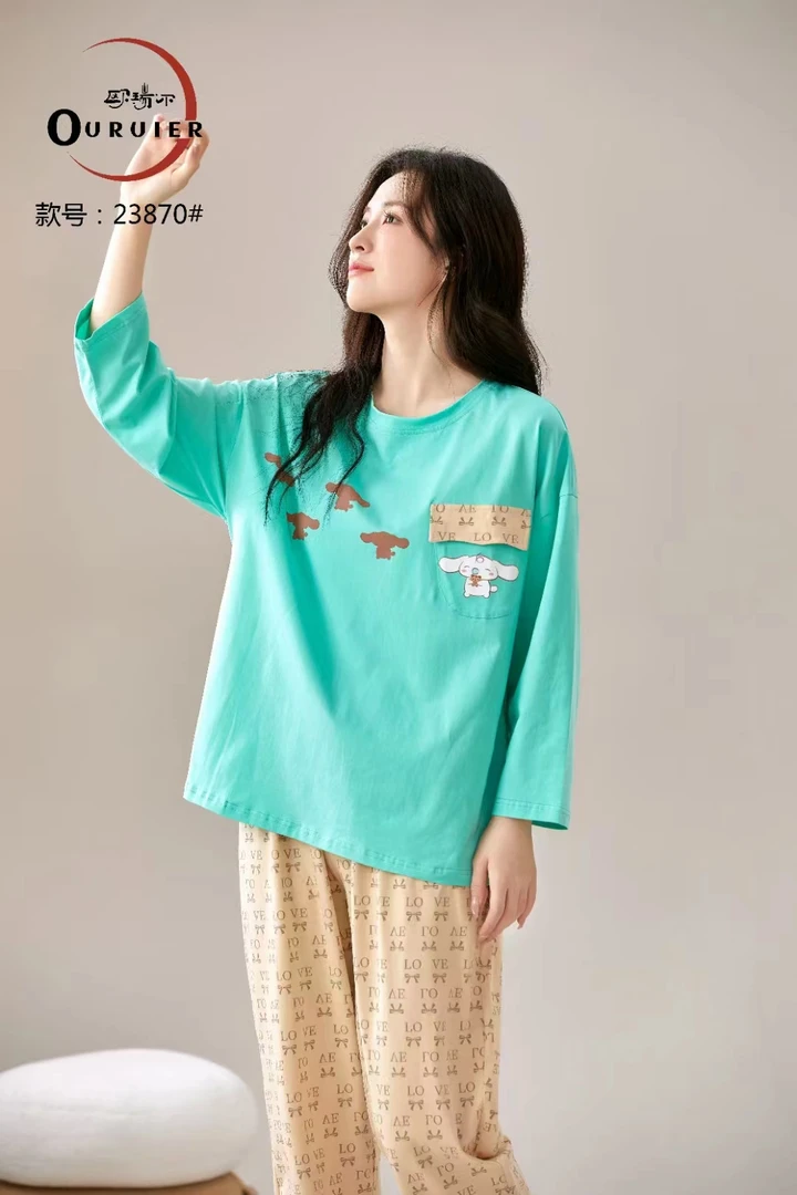 休闲印花月桂狗长袖长裤圆领睡衣套装时尚可外穿宽松