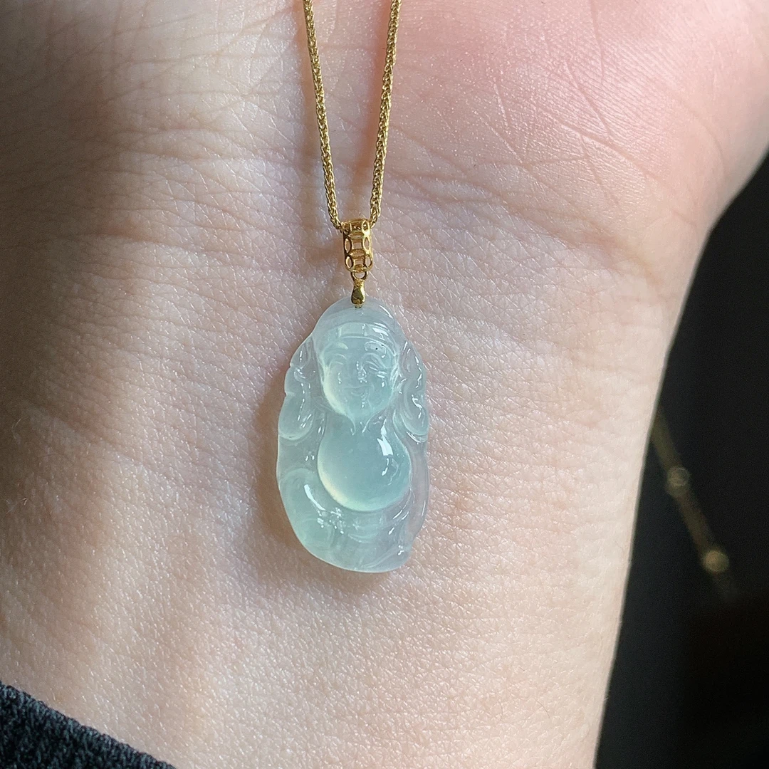 天然缅甸翡翠A货冰种18k金财神吊坠，尺寸18*10.1*3.5