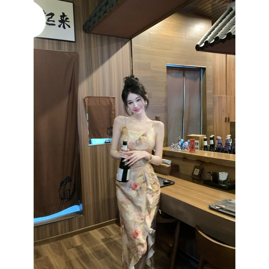 【雅乔定制】花团锦簇 长款印花蕾丝吊带连衣裙DYYK-24061776