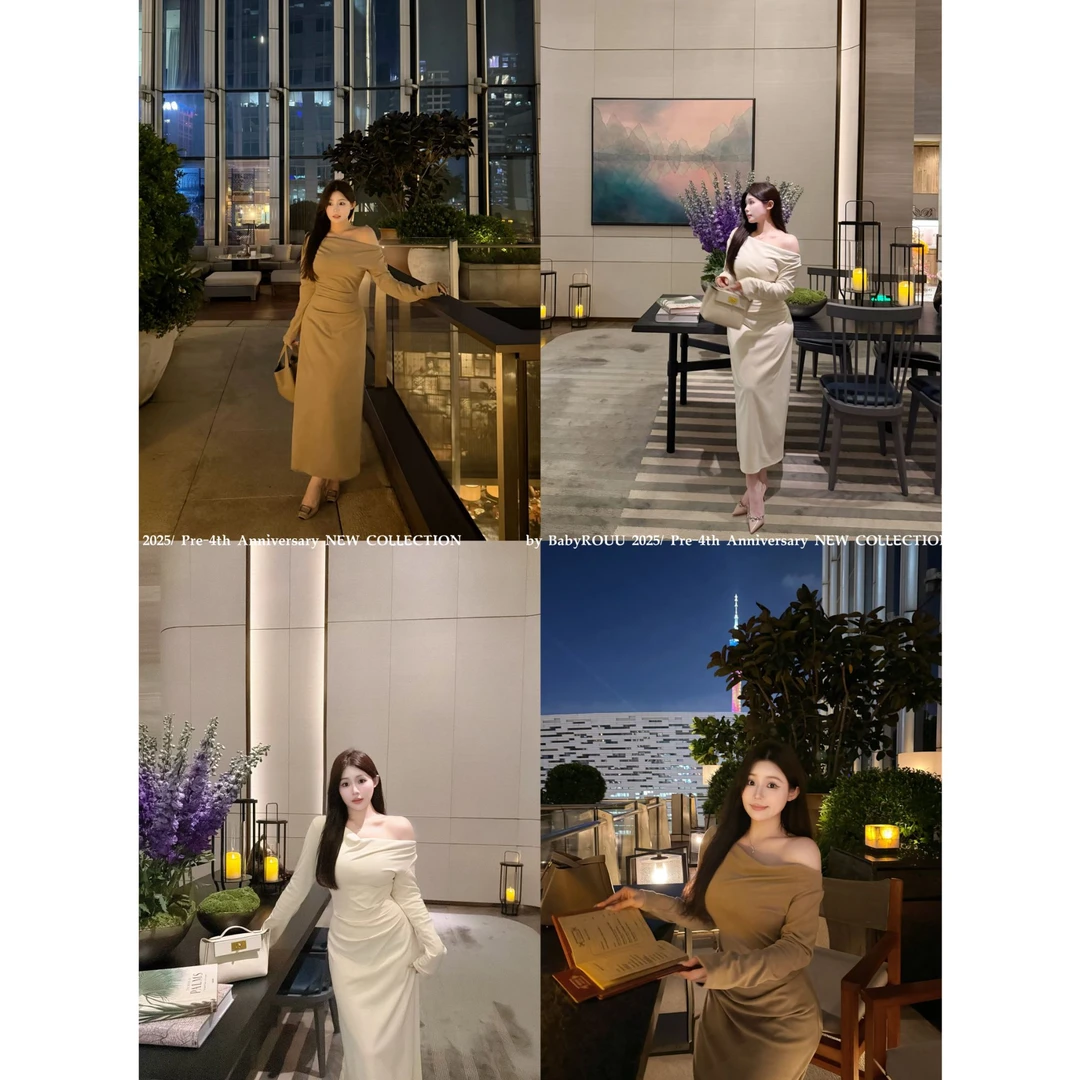 【优雅月光】温与柔高级感纯欲短袖斜肩开叉连衣裙