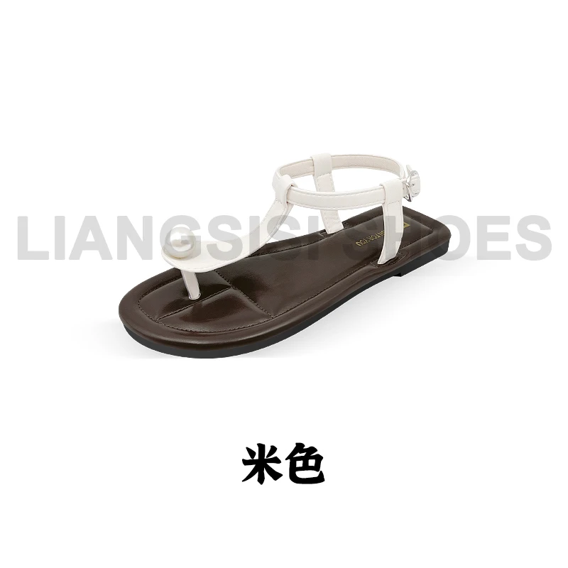 【珍珠凉鞋】夏季时尚百搭平底一字带露趾沙滩鞋凉鞋仙女风-A98
