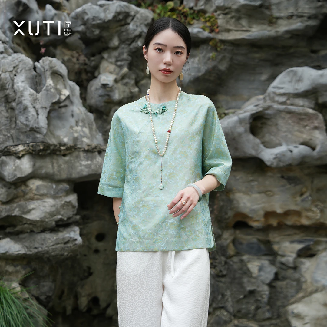 序缇『蝶戏青芜』夏季复古国风新中式女装桑蚕丝上衣H86-A18-13259