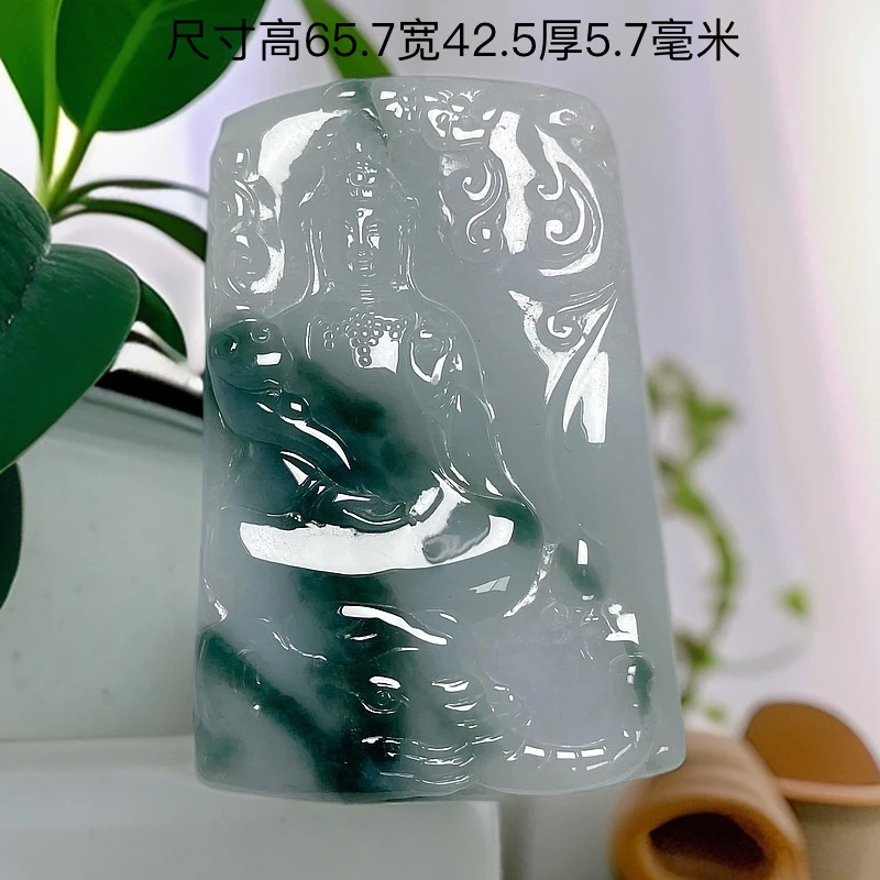 天然缅甸翡翠A货细糯飘蓝花普贤菩萨吊坠种老玉质细腻油润无纹裂