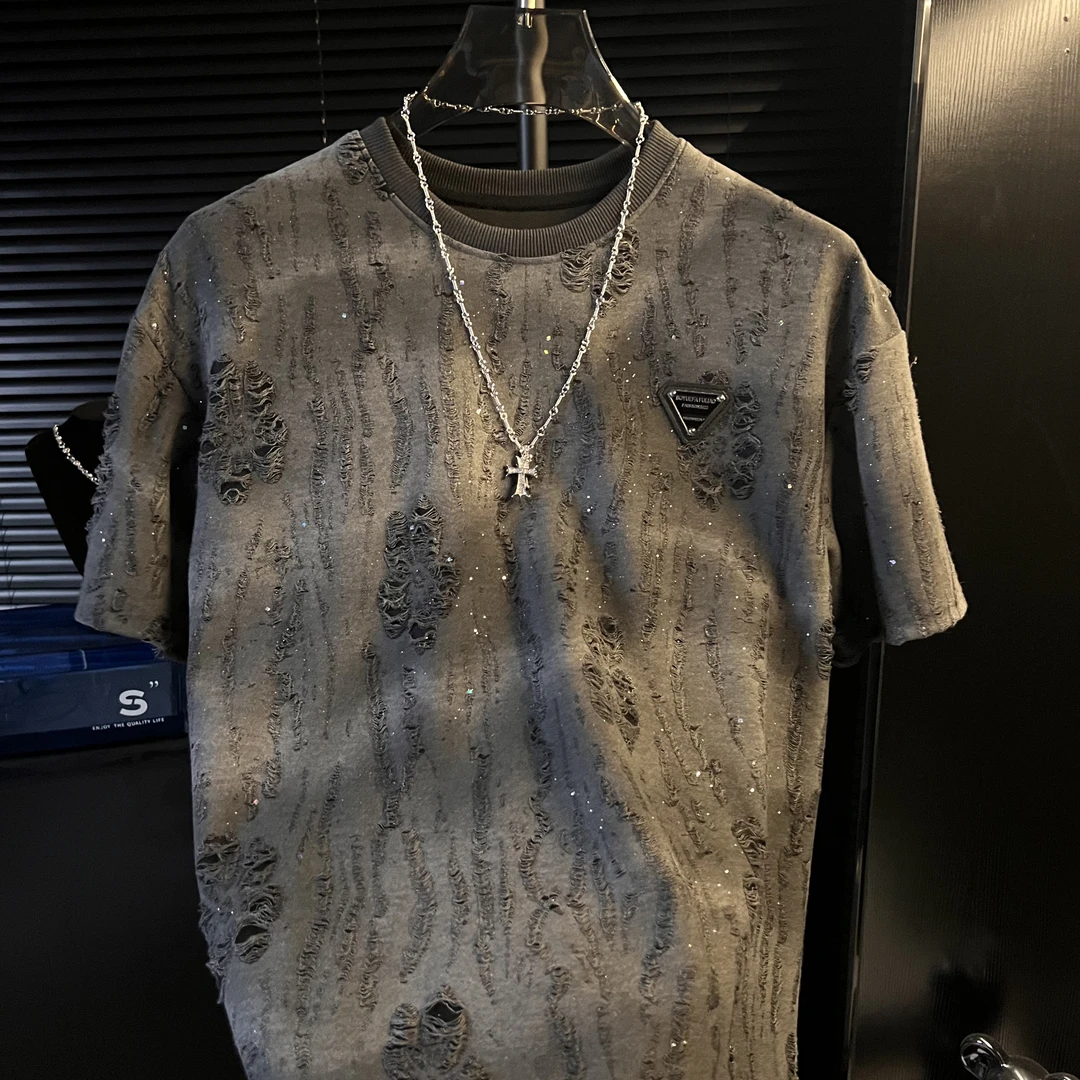 H-2025新款满天星男士上衣短袖轻奢高定半袖圆领潮流时尚