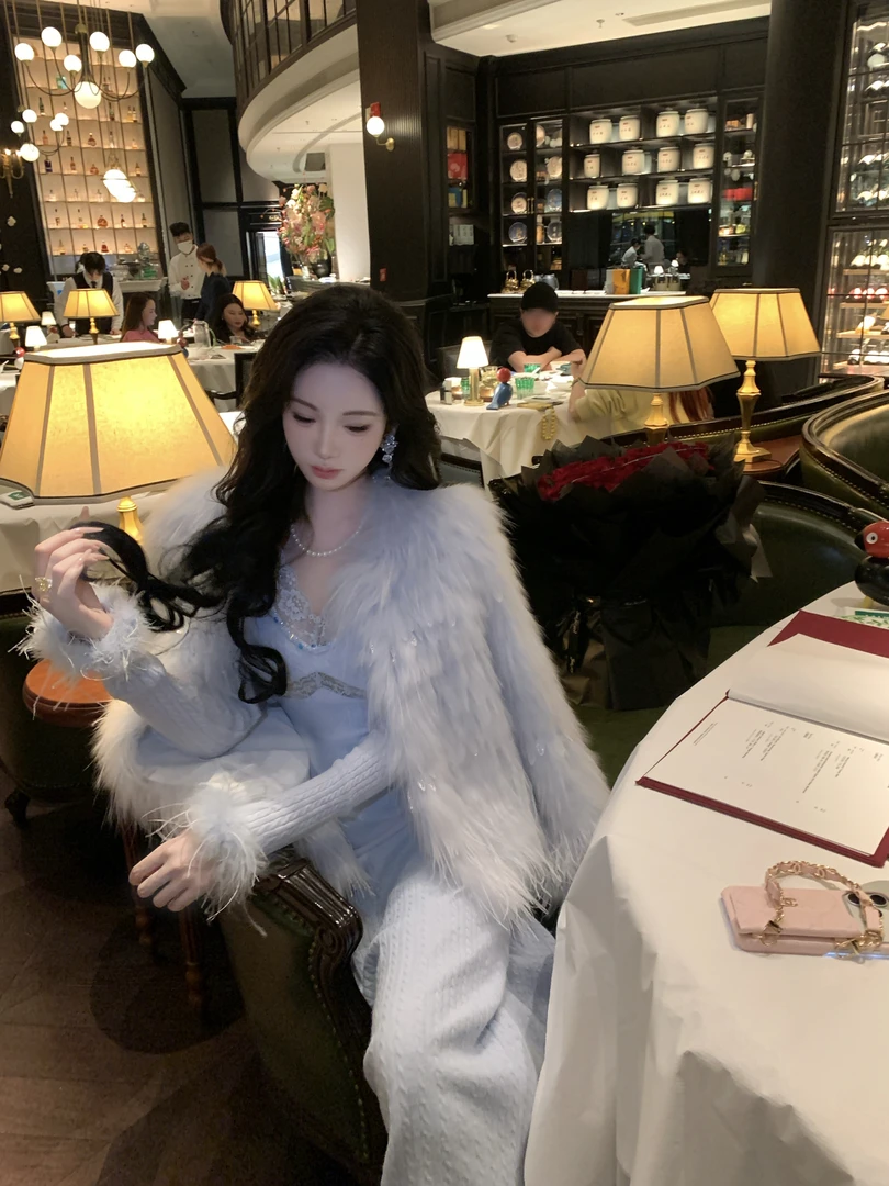 【雅乔定制】冰雪幻境进口芬兰白貉毛鸵鸟毛皮草外套DYYY-250851135