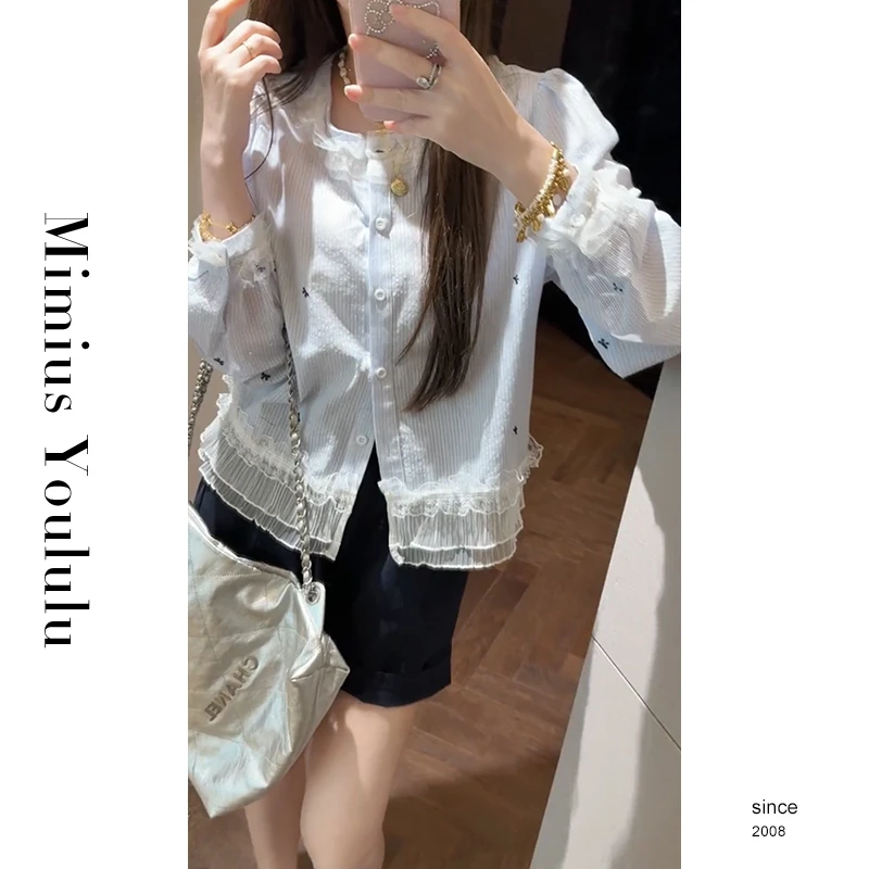 【mimius】琳琳 高级感宫廷风蕾丝拼接蝴蝶结衬衫 G04364