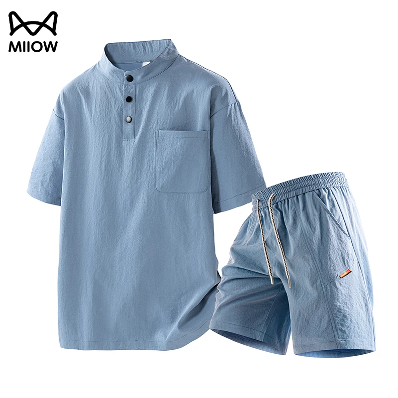 猫人套装大码美式亨利领POLO衫男士夏季速干透气短裤宽松两件套装