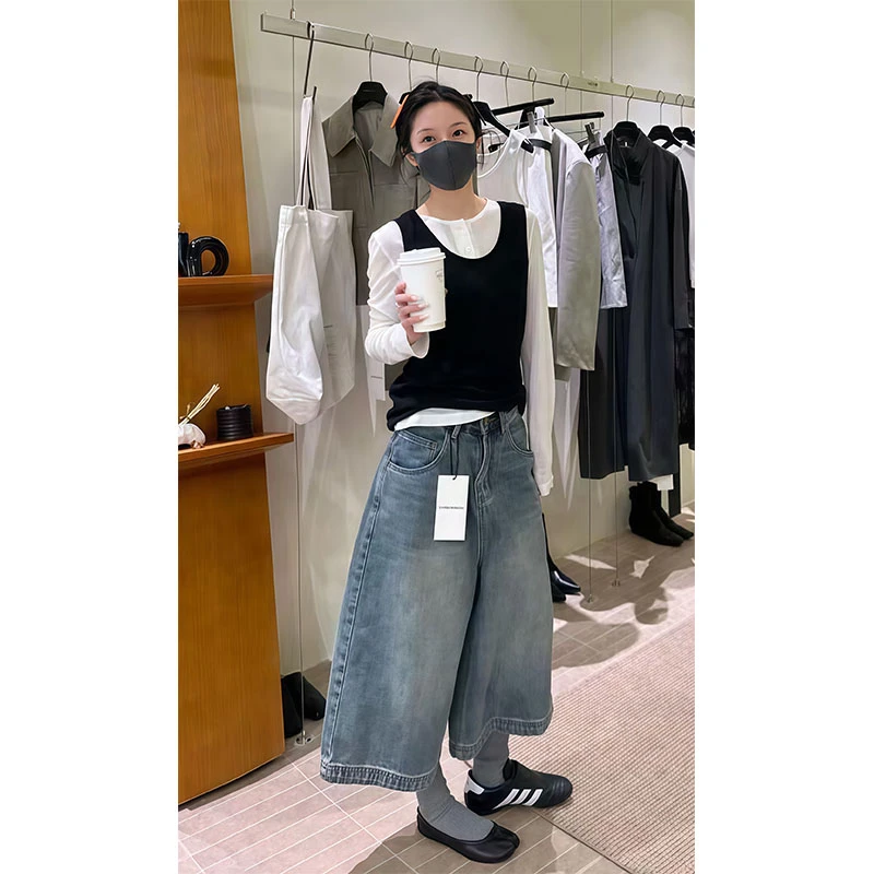 简约高级感时尚百搭显瘦长袖打底衫叠穿背心上衣高腰阔腿牛仔裤女