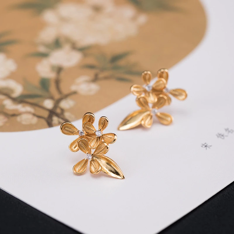 925银耳饰 国风新中式金色桂花耳钉古风旗袍耳饰复古纯银礼物配饰