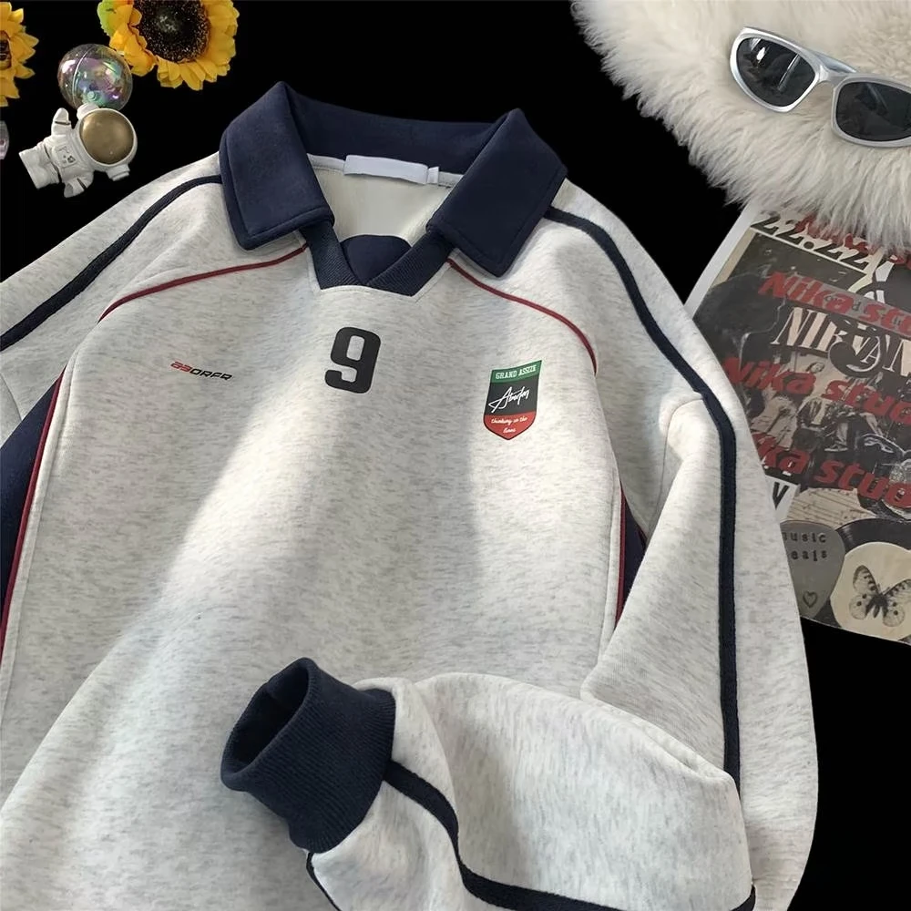 美式复古撞色拼接polo领运动重磅卫衣男设计感情侣球衣赛车服长袖