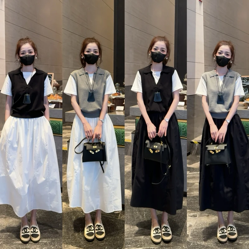 【wenwen】设计款拼接假两件针织衫修身显瘦+黑色中长款半身裙套装