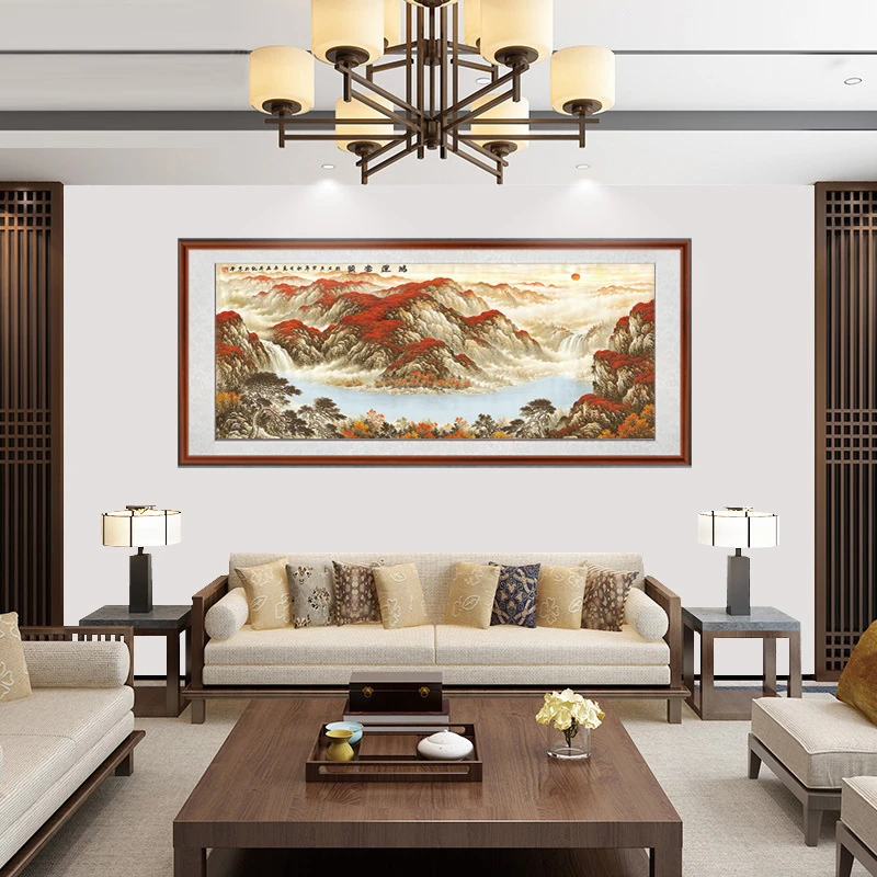 鸿运当头聚宝盆山水国画沙发背景墙客厅办公室挂画实木框装饰画