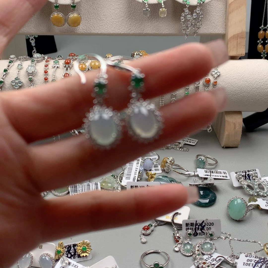 翡翠银S925镶嵌颈饰耳钉3444