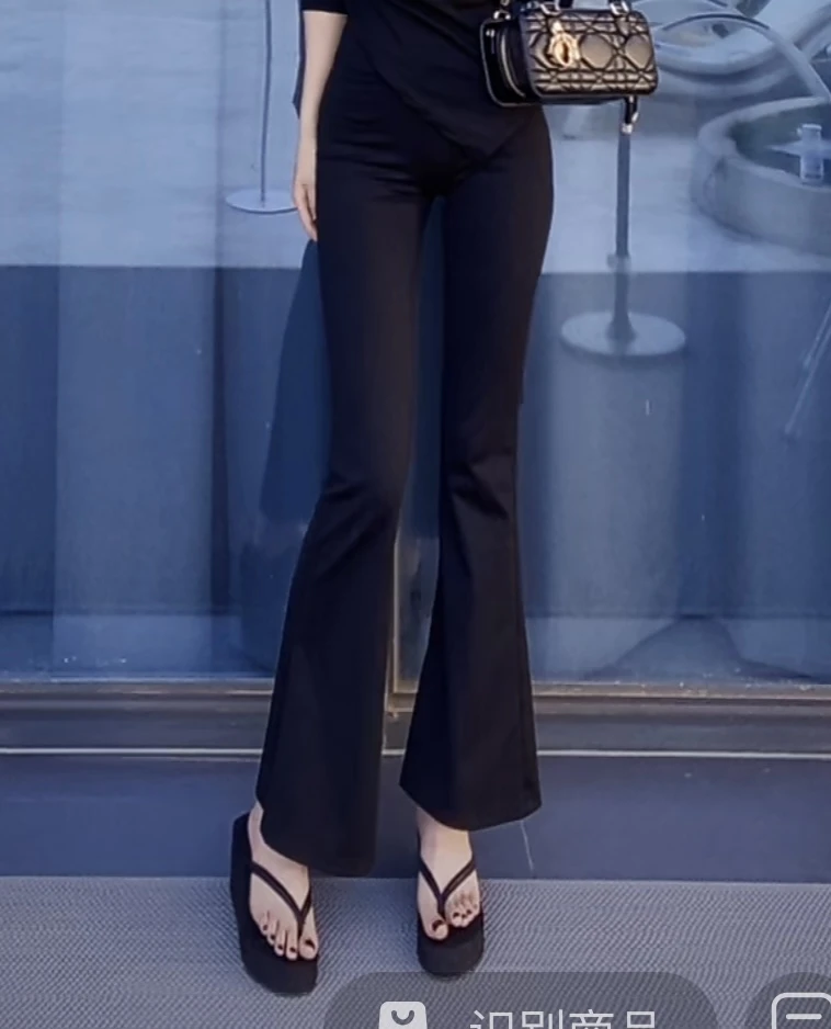 「熙熙-黑色」2025新款爆款冰皮光面微喇裤高腰显瘦喇叭裤-套装