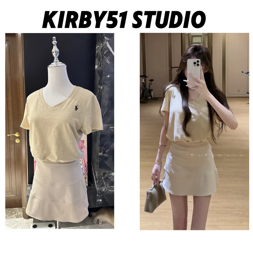 中古小白花】中古色小白花套装小马v领t&Lul*高腰裙自带底裤