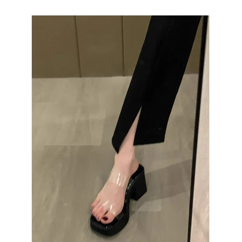 时尚小个子拖鞋女夏外穿2025新款高级感厚底粗跟绝美法式高跟凉鞋