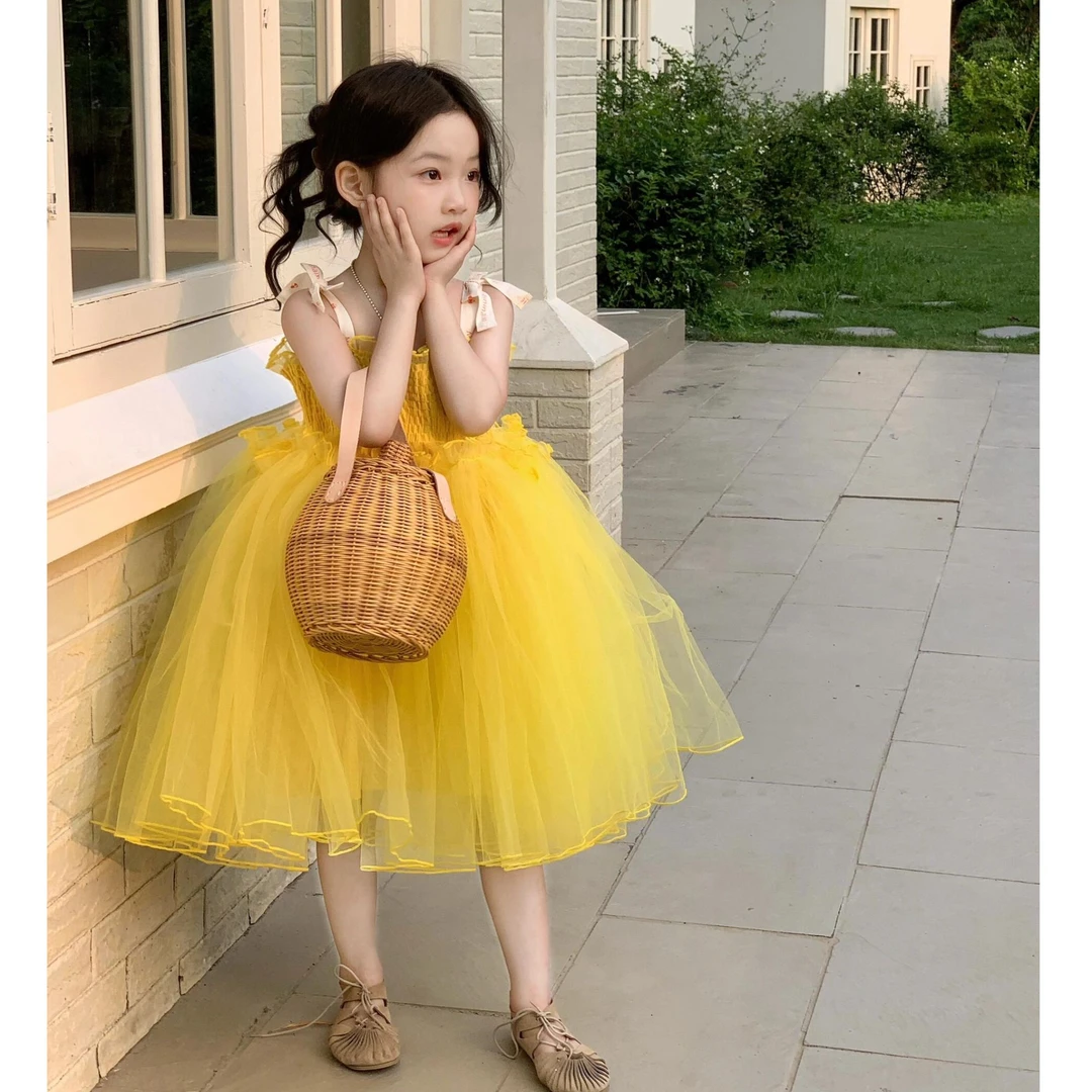 小惜亦女童2025夏季新款韩版黄色吊带网纱裙蓬蓬纱公主裙洋气裙子