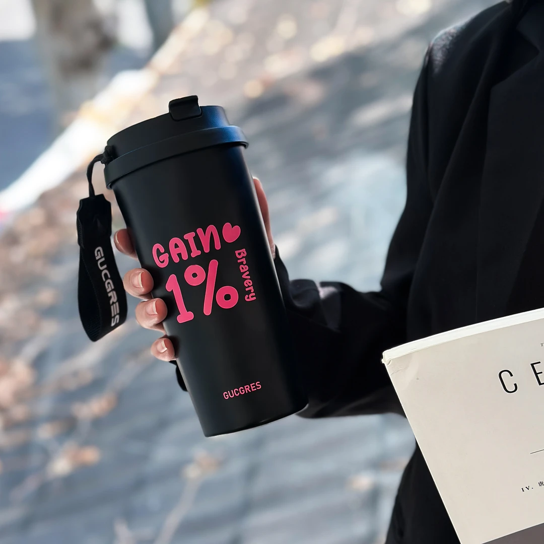 黑粉简约不锈钢保温杯大容量女生随行便携吸管2025新款咖啡杯水杯