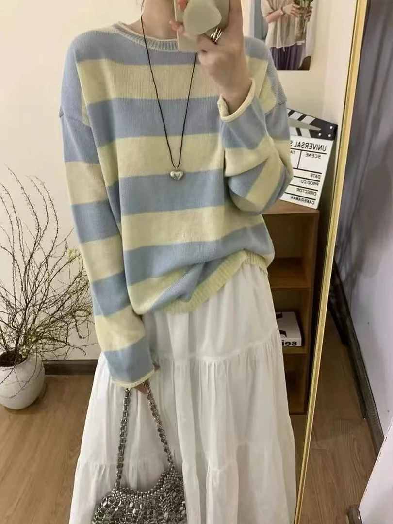3791三炫家春季新款圆领拼色条纹时尚百搭套头针织衫