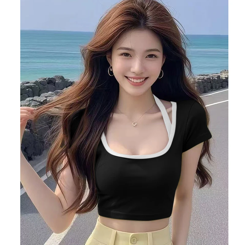 纯欲风设计拼接短款方领短袖T恤女内搭显瘦夏季性感辣妹背心修身