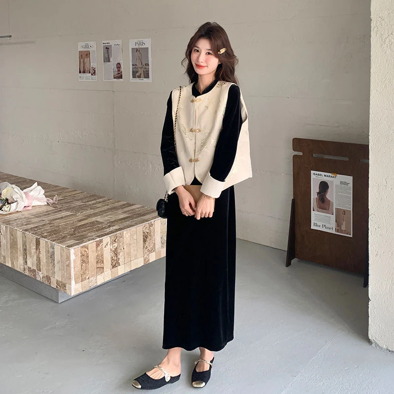 新中式国风马甲金丝绒连衣裙套装女春款 独特气质流行穿搭 两件套