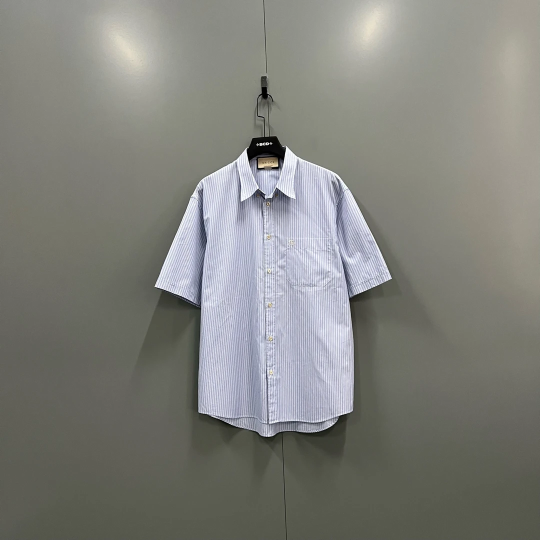 99新 GUCCI/古驰 tt12 条纹印花拼接短袖衬衫 50码/98新/103361