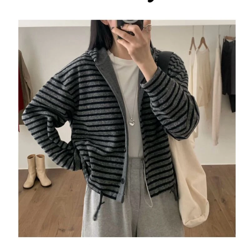 【条纹连帽开衫】Y韩系小众设计款连帽抽绳条纹外套宽松显瘦长袖