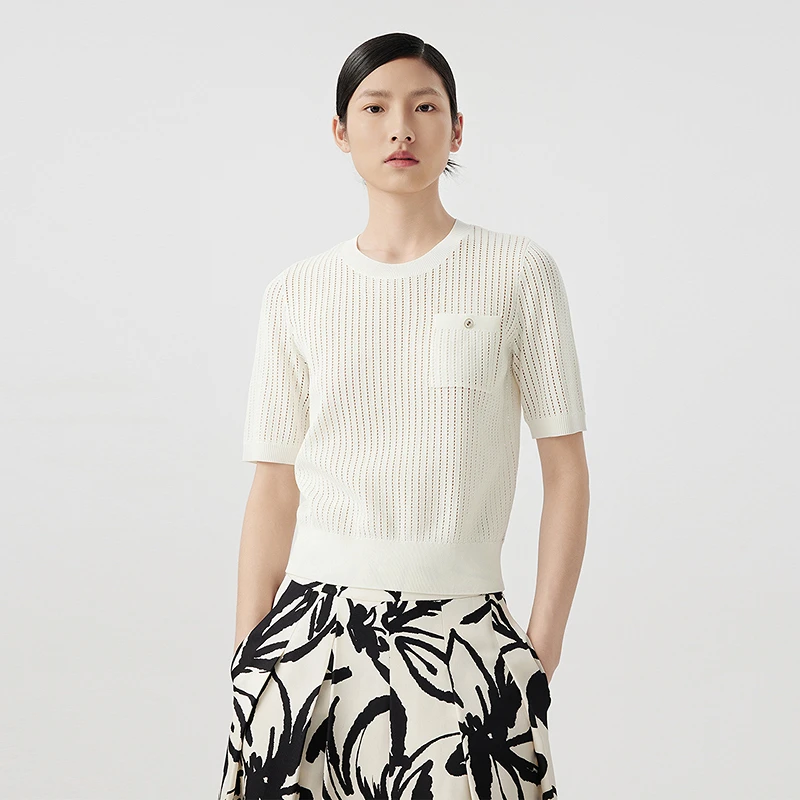 LANCY/朗姿2024夏季白色圆领修身针织衫轻薄上衣简约百搭套头衫女