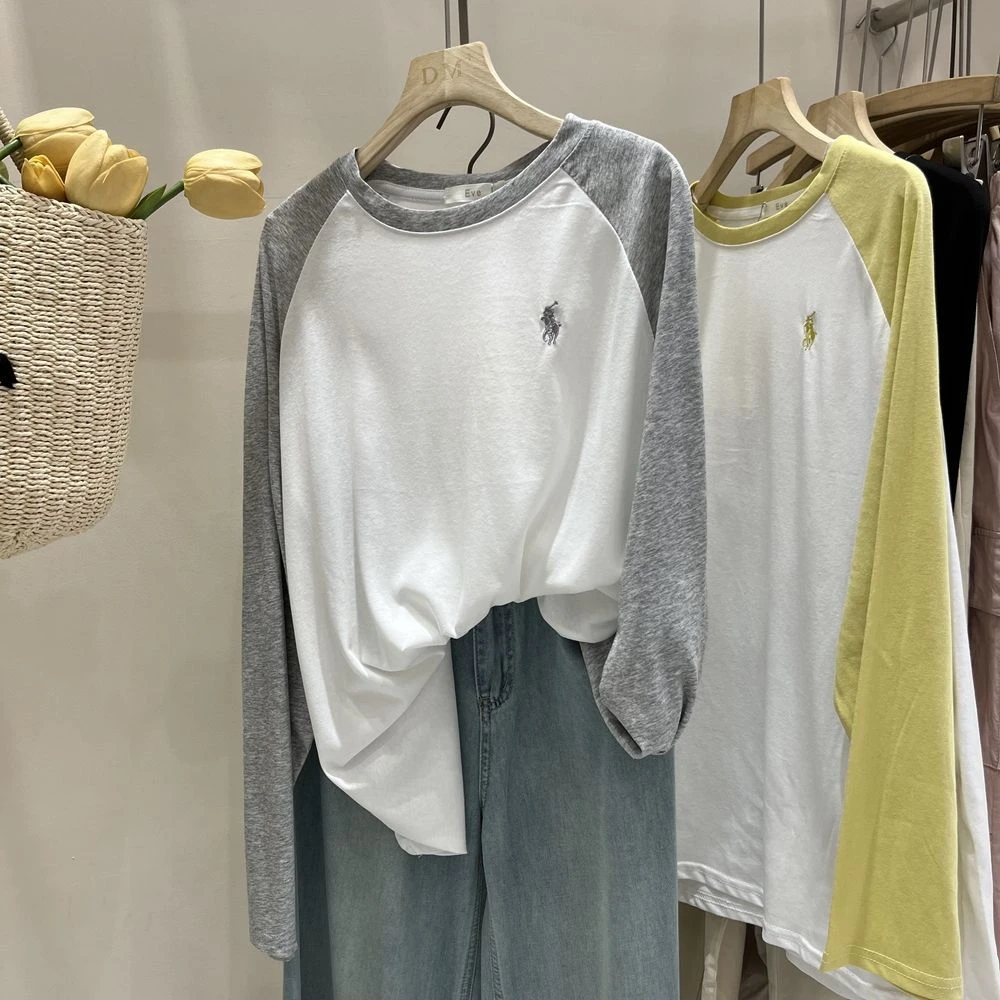 韩版休闲宽松简约慵懒风撞色插肩袖刺绣长衣T恤女上衣春季款2