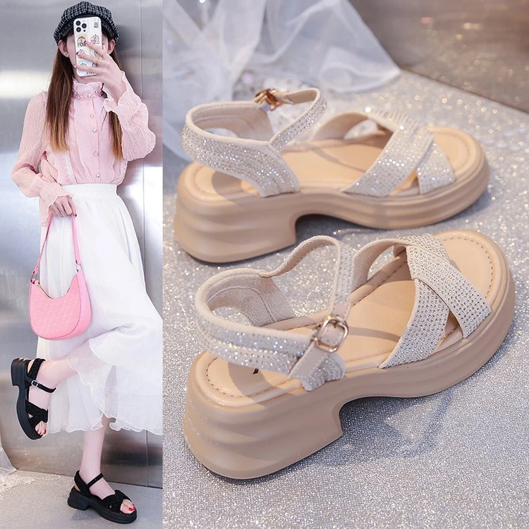 2025夏季新款时尚小香风气质方凉鞋厚底低跟夏天穿裙子专用鞋子