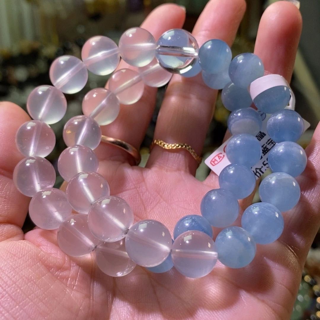 未镶嵌水晶手串天然莫粉海蓝宝DIY双圈手