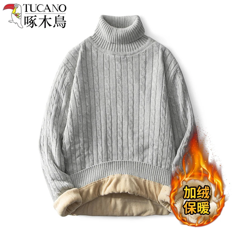 啄木鸟纯棉高领毛衣加绒加厚针织打底衫内搭外贸批发毛衣男款秋冬