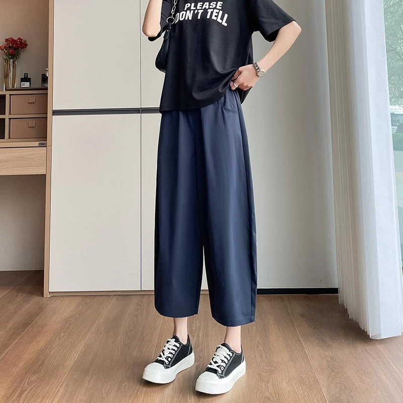 藏蓝色冰丝速干运动裤女夏季薄款轻量化小个子八分休闲哈伦萝卜裤