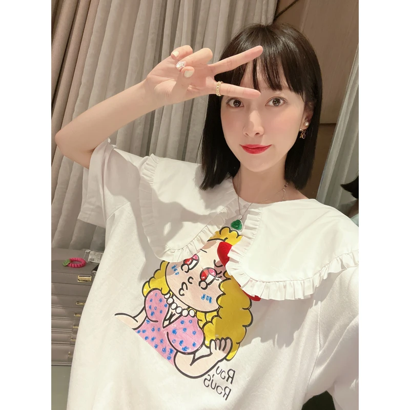 ◆张静芝韩国 荷叶花边娃娃领可爱彩色漫画卡通美女印花T恤