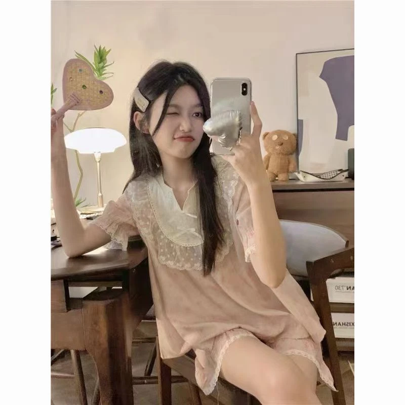 春夏季新款复古韩版甜美碎花蕾丝边短袖家居服两件套睡衣睡裤套装