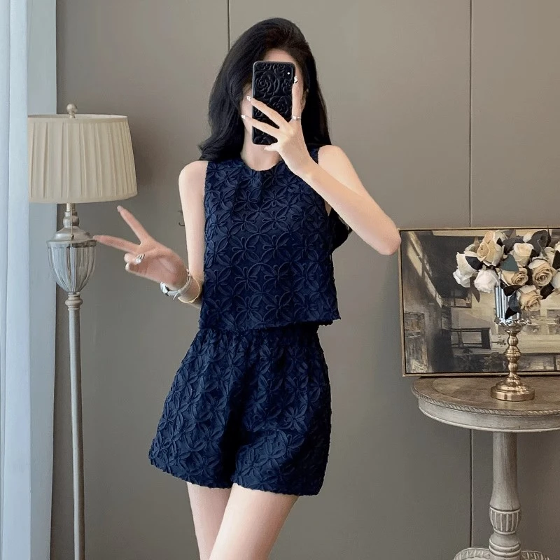 0884法式小香风高级感百搭时尚套装女夏季新款无袖上衣短裤两件套
