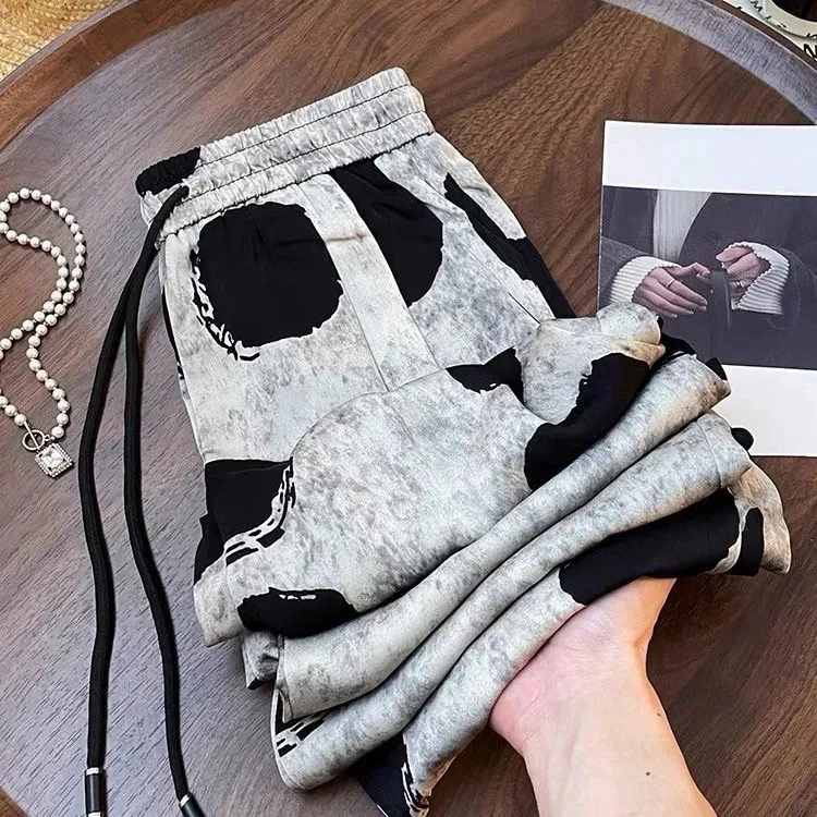 气质休闲时尚复古波点阔腿裤新款设计感宽松百搭显瘦休闲裤女印花