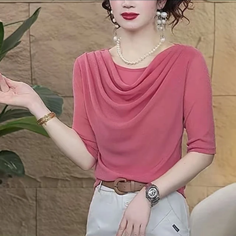 2025年早秋新款时尚百搭纯色堆堆领修身中袖T恤上衣#1888