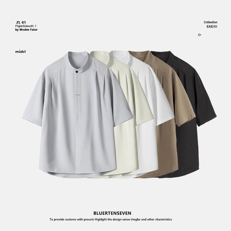 男士休闲夏季薄款宽松潮流立领短袖衬衫