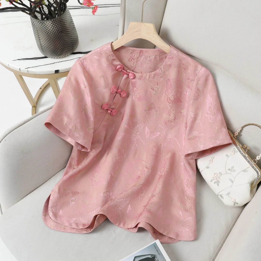 盘扣复古蝴蝶短袖薄款圆领斜襟上衣夏季百搭文艺日常民族风139