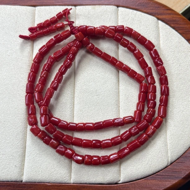 瑕疵手串科西卡牛血红沙丁珊瑚桶珠多圈长链不退换【国检证书】