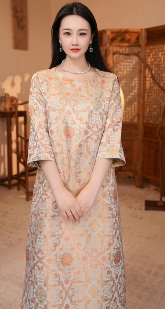 8096新中式气质异色罗国风宽松连衣裙