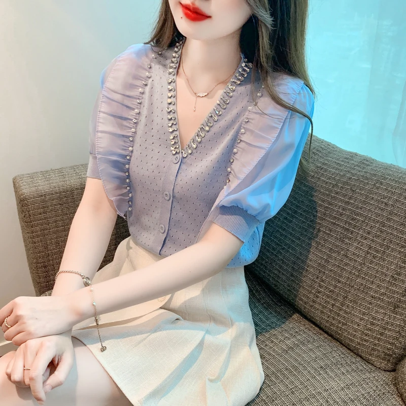 2025夏季雪纺拼接针织衬衫V领短袖T恤镂空开衫荷叶边上衣