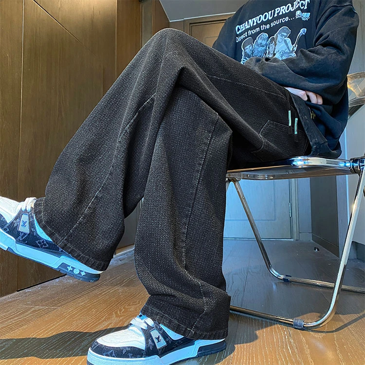 美式复古星空纹牛仔裤男款春秋人字纹裤子高街潮牌垂感直筒阔腿裤